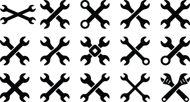 Eine Sammlung von f&uuml;nfzehn verschiedenen schwarzen Silhouetten gekreuzter Schraubenschl&uuml;ssel und Gabelschl&uuml;ssel, die Werkzeuge und Reparaturen symbolisieren.