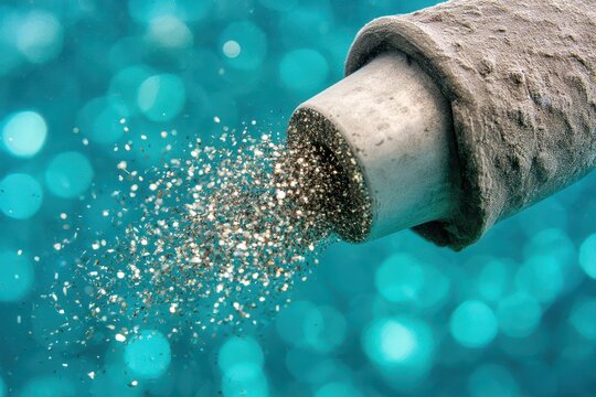 Close-up macro shot of glitter particles being expelled from a textured pipe underwater, creating a sparkling effect.