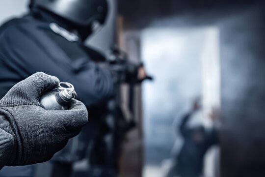 Special forces operator in tactical gear holding a grenade, preparing for action in a smoke-filled environment.