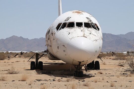 Abandoned airplane fuselage sits weathered and decaying in a desolate desert junkyard.