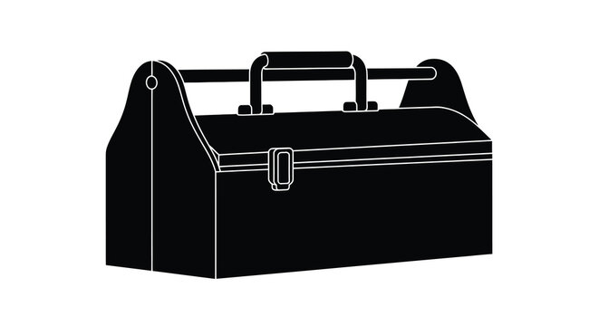A black and white line drawing of a classic metal toolbox