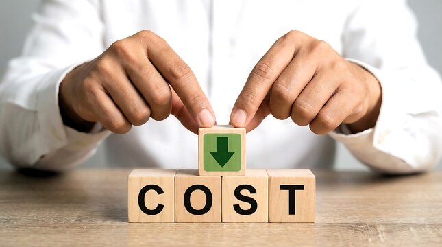Cost reduction concept with wooden blocks, businessman lowering expenses, financial management