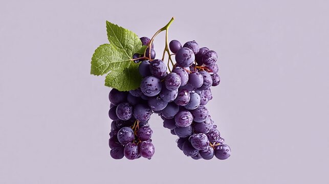 Cluster of fresh purple grapes arranged in the shape of the letter R with green leaves against a light purple background