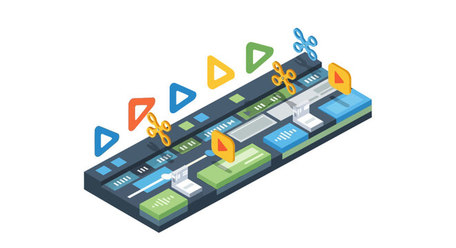 Isometric Video Editing Software Interface with Timeline and Post-Production Tools for Content Creation
