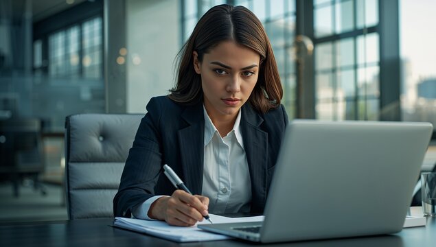 A professional businesswoman working on her laptop and taking notes in a modern office setting.