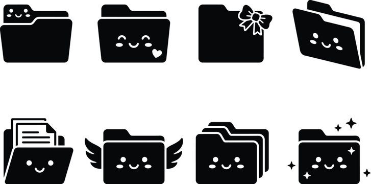 Niedliche schwarze Ordner-Icons mit verschiedenen Ausdr&uuml;cken und Elementen wie Herzen, Fl&uuml;geln und Dokumenten.