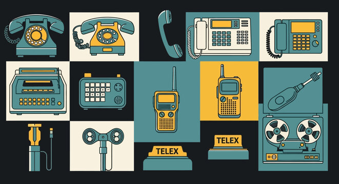Vintage Communication Devices Collage: Retro Phones, Fax, Telex, Radio