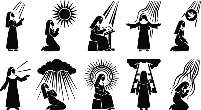 Silhouetten von betenden Frauen in verschiedenen spirituellen Posen mit g&ouml;ttlichen Symbolen.