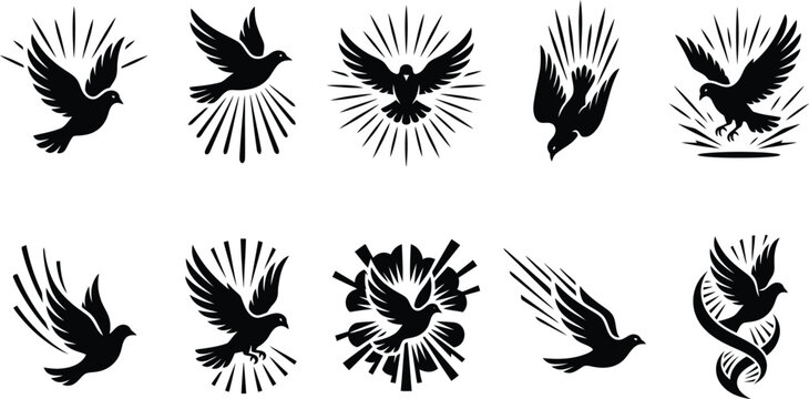 Zehn detaillierte Silhouetten von fliegenden Tauben mit stilisierten Lichtstrahlen und Bewegungseffekten, ideal f&uuml;r Logos und Symbole.