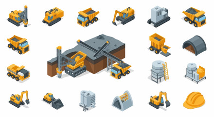 Construction Vehicles and Equipment Collection Isometric Icons. © Fahri