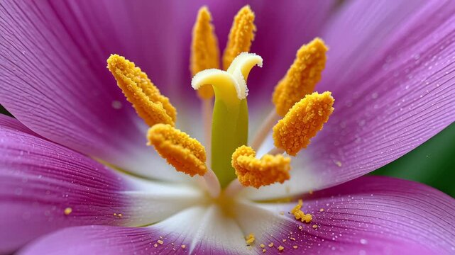 Purple flower petals opening with yellow pollen and stamen. Macro shot of a crocus blooming, showing details of its reproductive part