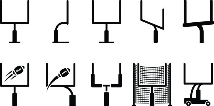 Verschiedene Stile von American-Football-Torpfosten, einige mit einem Football, als Schwarz-Wei&szlig;-Symbole dargestellt.
