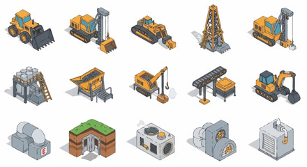 Collection of Isometric Construction Equipment and Buildings. © Fahri