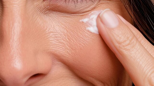 Close up of a mature woman's face applying moisturizing cosmetic cream under her eye to reduce wrinkles and combat signs of aging