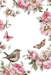 Vintage watercolor floral frame with pink roses, butterflies and a small bird © elvil