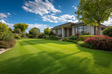 Modern luxury house with perfect manicured green lawn and professional landscaping © elvil