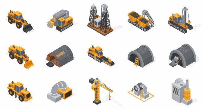 Collection of Industrial Construction and Mining Equipment Icons.