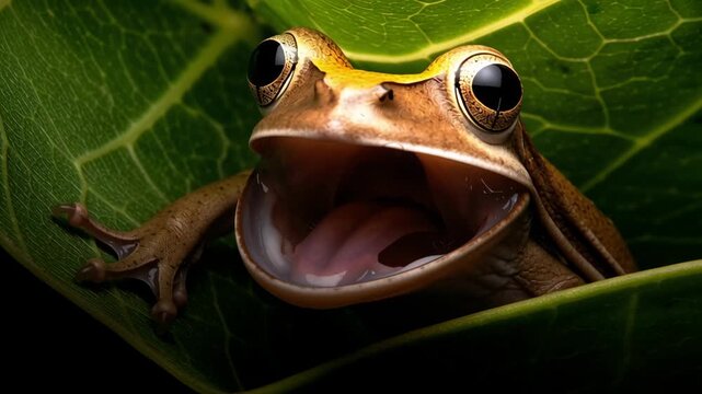 Bornean eared tree frog yawning and showing its large mouth while hiding in a green leaf with a black background