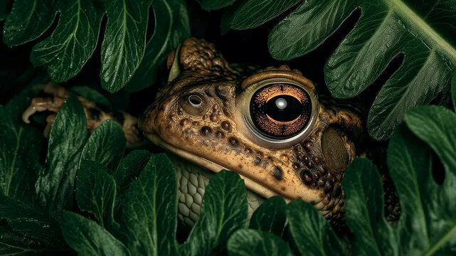 Realistic cane toad hiding in jungle leaves blinking its bionic eye and revealing its true robotic nature