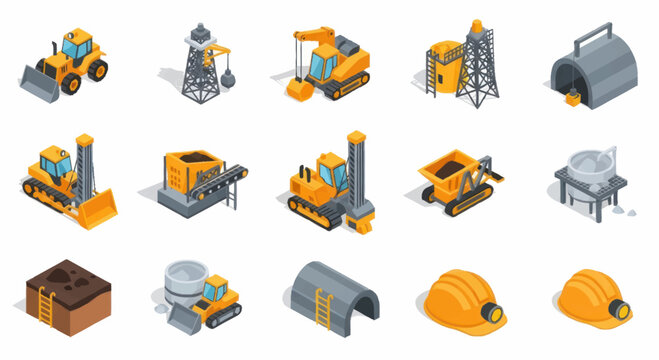 Collection of isometric construction and mining equipment icons.