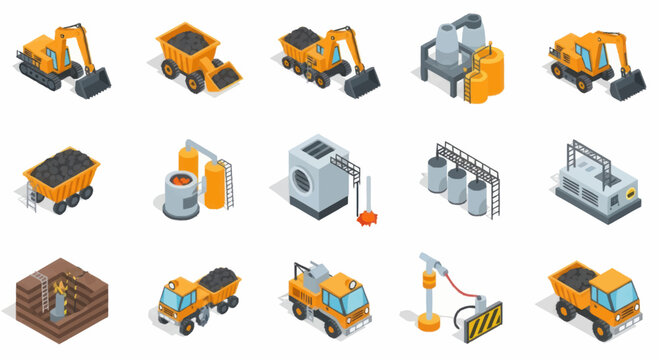 Collection of Isometric Construction and Industrial Vehicles and Equipment.