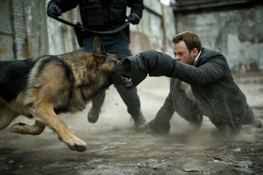 Trained German Shepherd dog aggressively biting a protective sleeve during intense police K9 training exercise.