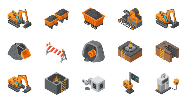 Collection of mining industry isometric icons and illustrations.