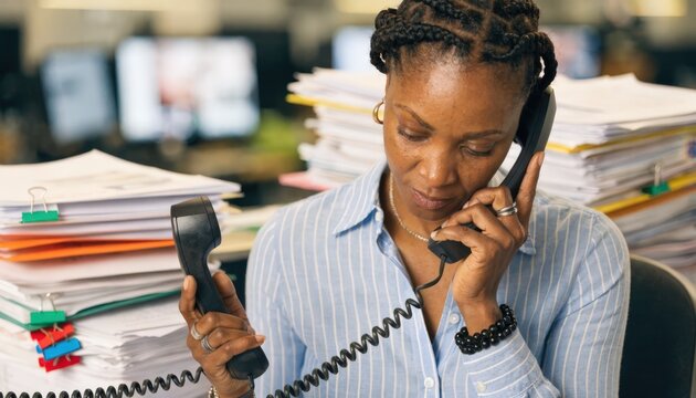 Focused medium shot of a portfolio lenders title coordinator managing multiple phone conversations with stacks of residential mortgage folders and blurred office screens in the