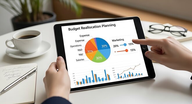 Person analyzing budget reallocation planning on tablet