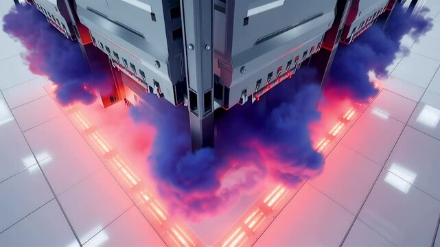 High tech data center corner with glowing floor lights and dense colored smoke, advanced server units in clean modern computing environment