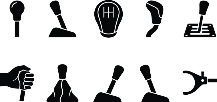 Sammlung von schwarzen Silhouetten verschiedener Gangschalter, Schalthebel und zugeh&ouml;riger Autoteile als Vektorsymbole.