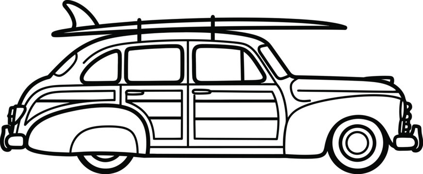 Vintage woody station wagon with surfboard a doodle beach and surf vector illustration