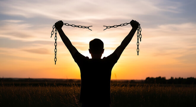 Silhouette of a man breaking metal chains at sunset as a symbol of freedom
