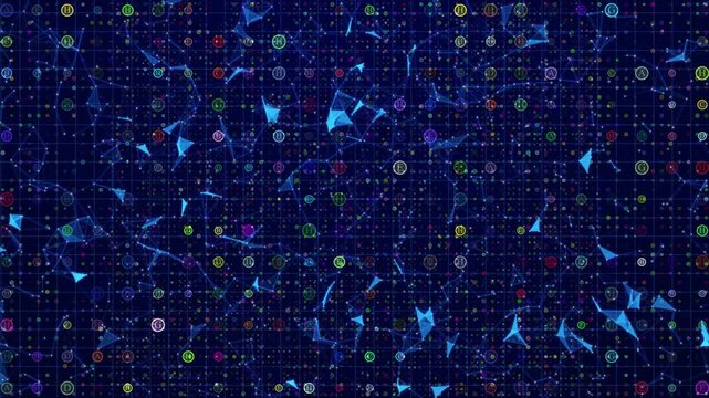 Abstract Futuristic Digital Grid Background With Glowing Multicolored Circular Letter Icons And Blue Plexus Network Lines Connecting Data Points In A Dark Blue Technological Space, Perfect For Big Dat