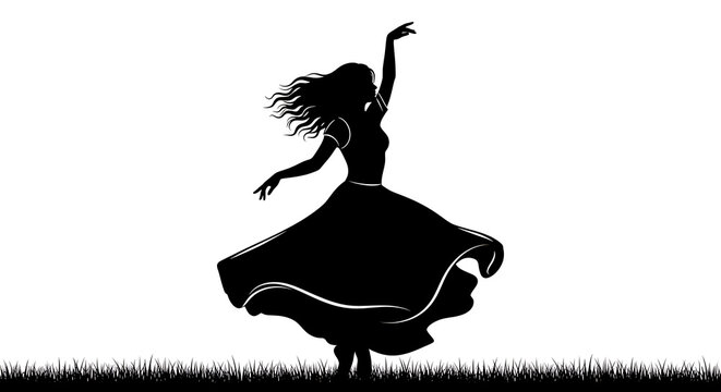 Silhouette of a graceful woman in a long dress dancing against white background