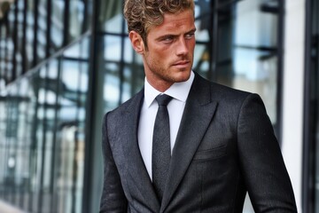 Fototapeta premium A handsome man with curly blonde hair and blue eyes wearing a sharp dark suit and tie, looking confidently to the side.