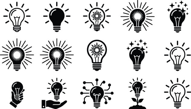 Eine Sammlung von f&uuml;nfzehn verschiedenen Gl&uuml;hbirnen-Icons, die Ideen, Innovation und Erleuchtung symbolisieren, in Schwarz-Wei&szlig;-Darstellung.