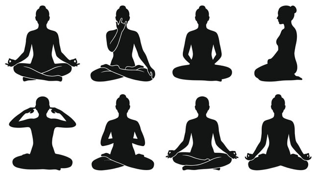 Detailed meditation silhouettes showing different hand mudras and breathing styles.