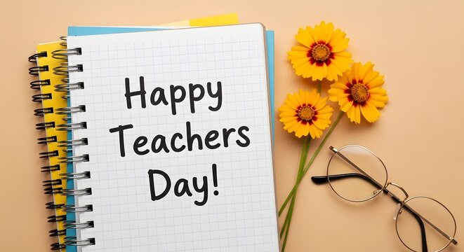Happy teachers day greeting with flowers and notebook