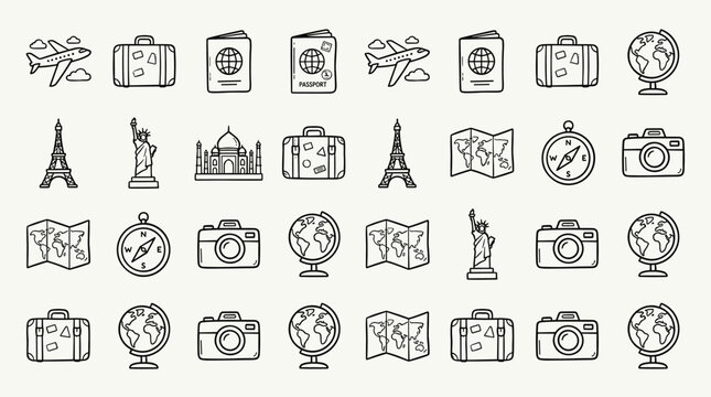 Seamless pattern of travel and adventure doodles on white background Wanderlust concept
