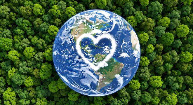 Earth as a heart shaped island in a sea of lush greenery