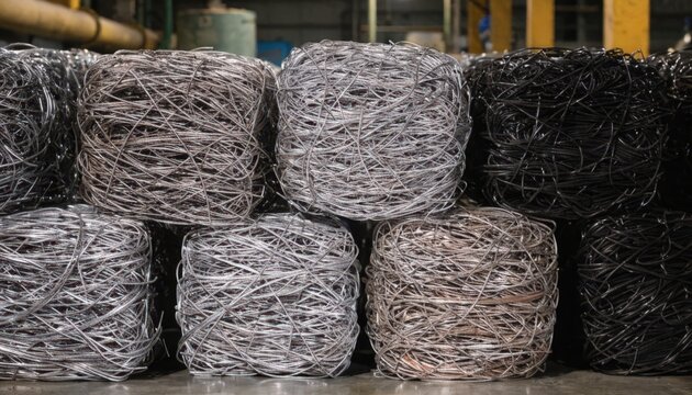 Medium shot of briquetted bundles of recycled wire offcuts stacked neatly showcasing efficient material compaction for storage and transport.