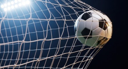Naklejka premium Soccer ball hits the back of the net under stadium lights goal scored in a nighttime football match with dramatic lighting effects