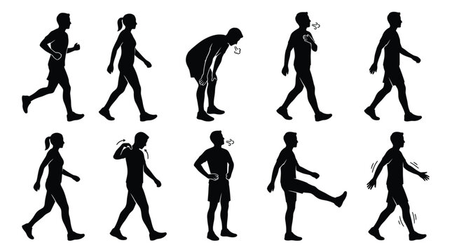 Collection of people walking and running silhouettes on transparent background vector.