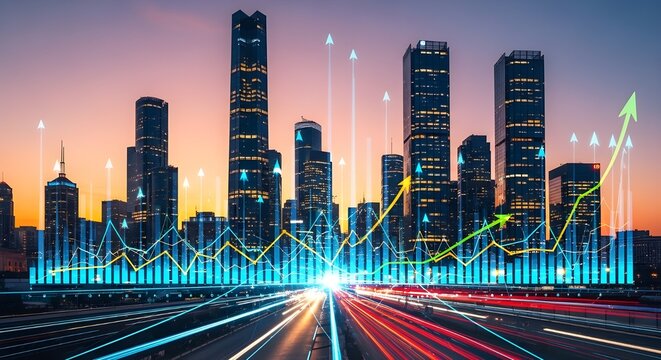 &Iacute;ndice financiero burs&aacute;til de inversiones exitosas en seguros de negocios inmobiliarios y en la industria de la construcci&oacute;n con gr&aacute;ficos y gr&aacute;ficos sobre el fondo de los rascacielos urbanos.