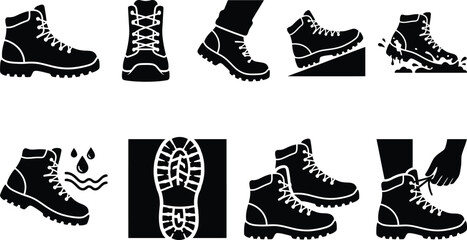 Verschiedene Piktogramme und Symbole für Stiefel, Wanderschuhe und ihre Eigenschaften wie Wasserdichtigkeit, Profil und Schnürung. © Insa Batool