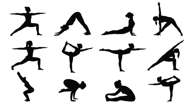 Yoga silhouette collection featuring black female figures in various exercise poses.