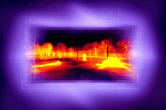 Surreal thermal imaging of a nighttime landscape with glowing trees and figures under a purple digital grid overlay.