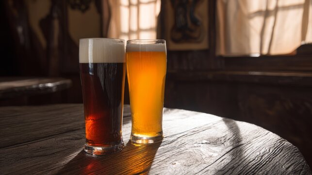 tavern. Glasses of light and dark beer on rustic pub table. bar promotions, beverage menus, packaging labels, designed for product packaging and bar promotions, used by supply chain planners.
