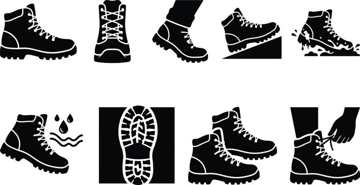Verschiedene Piktogramme und Symbole f&uuml;r Stiefel, Wanderschuhe und ihre Eigenschaften wie Wasserdichtigkeit, Profil und Schn&uuml;rung.